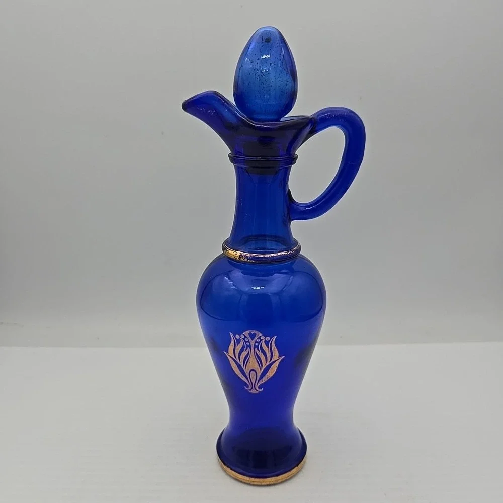 Vintage 70s Avon Cobalt Blue Gold Glass Genie Bottle Cruet Pitcher 9